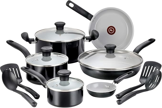 T-fal Initiatives Ceramic Non Stick Cookware Set 14 Piece, Oven Broiler Safe 350F, Kitchen Cooking Set W/ Fry Pans, Saucepans, Dutch Oven, Utensils, Healthy Cooking, Pots and Pans, Home, Black