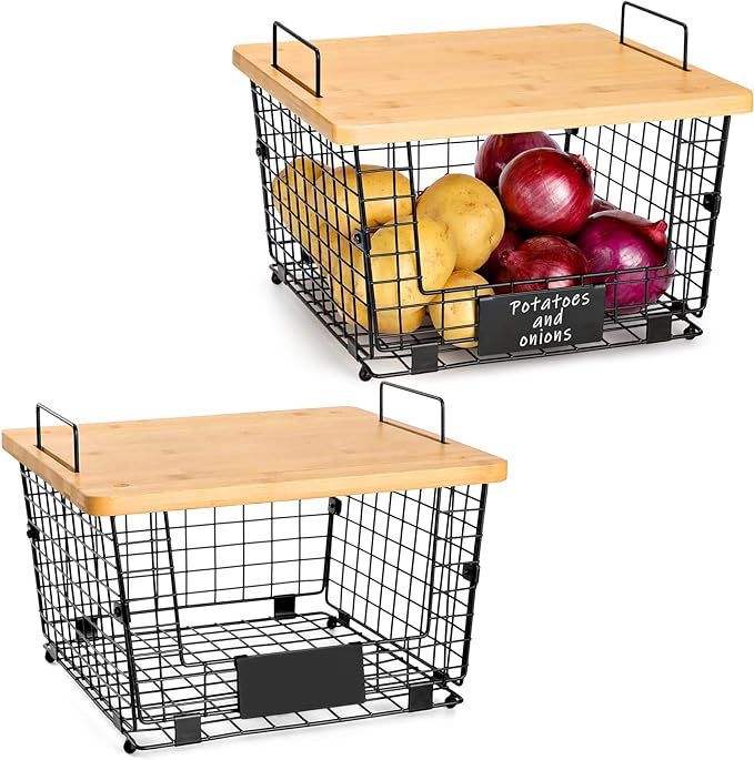 2 Set Stackable Wire Basket with Bamboo Top -Kitchen Counter, Pantry Organization and Storage - Cabinet, Shelf, Countertop Space Saving Organizing - Produce, Fruit, Onion, Potato, Bread Organizer Bin