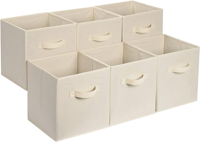 Amazon Basics Collapsible Fabric Storage Cubes Organizer with Handles, 10.5"x10.5"x11", Beige - Pack of 6