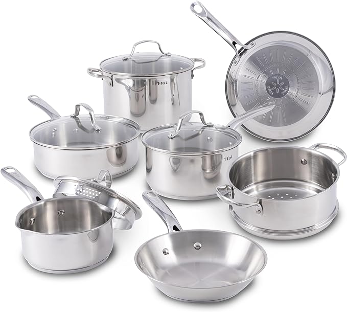 T-fal Stainless Steel Cookware Set 11 Piece, Induction, Oven Broiler Safe 500F, Kitchen Cooking Set w/ Fry Pans, Saucepans, Saute Pan, Dutch Oven, Steamer, Pots and Pans, Dishwasher Safe, Silver