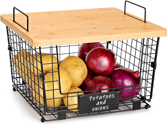 2 Set Stackable Wire Basket with Bamboo Top -Kitchen Counter, Pantry Organization and Storage - Cabinet, Shelf, Countertop Space Saving Organizing - Produce, Fruit, Onion, Potato, Bread Organizer Bin