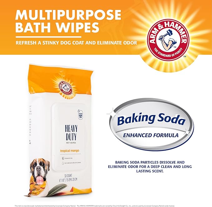 Arm & Hammer for Pets Heavy Duty Multipurpose Bath Wipes for Dogs, Travel Size, Mango Scent | All Purpose Dog Wipes Remove Odor & Refresh Skin for Pets | 30 Ct Pack of Travel Pet Wipes