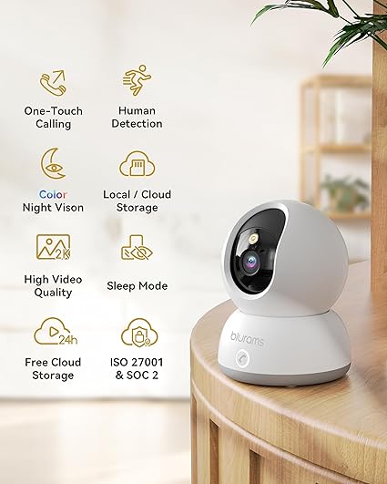 blurams Indoor Security Camera 2K, Home Security Camera for Dog/Baby Monitor/Elder, Security Camera with One-Touch Call, Color Night Vision, Motion Tracking, Cloud & SD Card Storage (2.4GHz Wi-Fi)