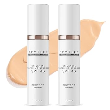 DRMTLGY Anti-Aging Tinted Moisturizer with SPF 46. Universal Tint. All-In-One Light Sheer Coverage Tinted Face Sunscreen with Broad Spectrum Protection Against UVA and UVB Rays. 1.7 oz