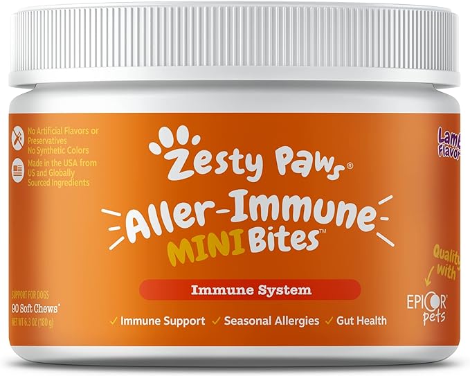 Zesty Paws Dog Allergy Relief - Anti Itch Supplement - Omega 3 Probiotics for Dogs - Digestive Health - Soft Chews for Skin & Seasonal Allergies - with Epicor Pets - Mini - Lamb - 90 count