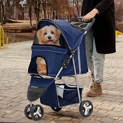 MoNiBloom 3-Wheels Foldable Pet Stroller w/Cover, Pet Strolling Cart for Small/Medium Dogs and Cats w/Cup Holder, Breathable Visible Mesh, Pink