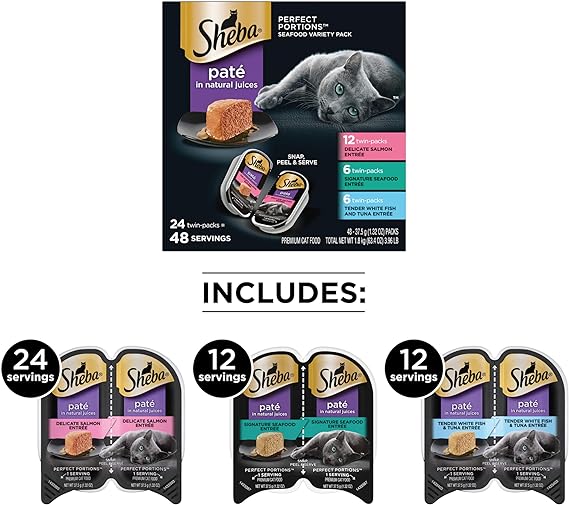 SHEBA Perfect Portions Paté Wet Cat Food Trays (24 Count, 48 Servings), Signature Seafood Entrée, Easy Peel Twin-Pack Trays