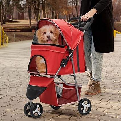 MoNiBloom 3-Wheels Foldable Pet Stroller w/Cover, Pet Strolling Cart for Small/Medium Dogs and Cats w/Cup Holder, Breathable Visible Mesh, Pink