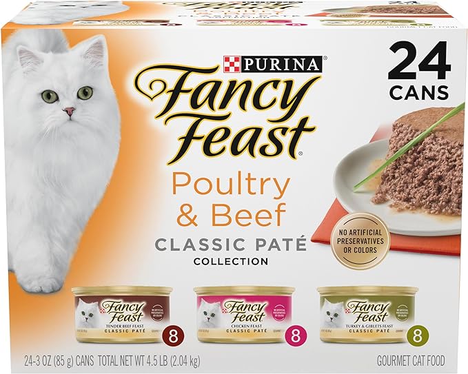 Fancy Feast Poultry and Beef Feast Classic Pate Collection Grain Free Wet Cat Food Variety Pack - (Pack of 24) 3 oz. Cans