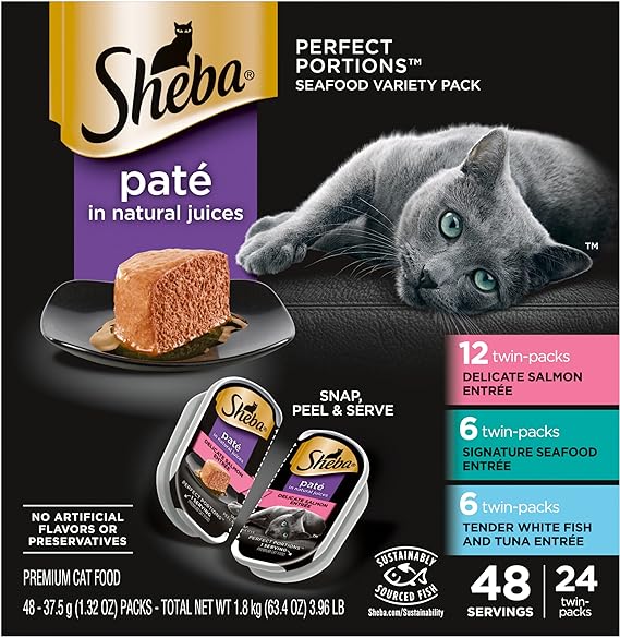 SHEBA Perfect Portions Paté Wet Cat Food Trays (24 Count, 48 Servings), Signature Seafood Entrée, Easy Peel Twin-Pack Trays