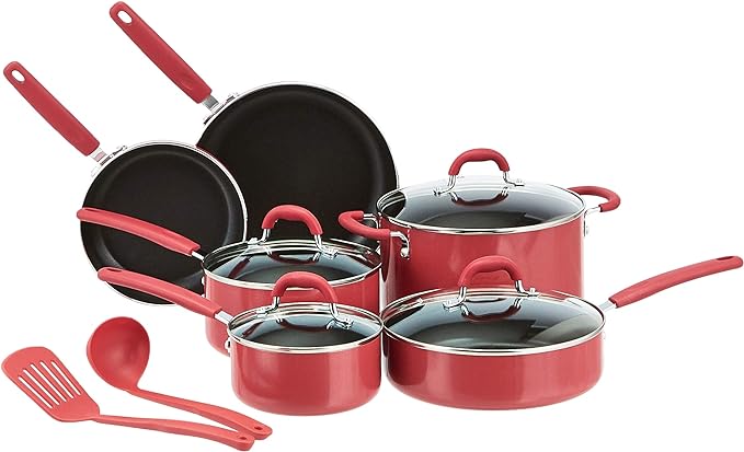 Amazon Basics Aluminum NS 12pc Red cookware set, 12 piece